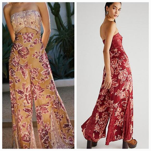 NWT Free People Silky Juliet Jumpsuit $228 SMALL Wine Floral Boho Wide Leg - Picture 3 of 5